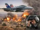 Military jet flying over a fiery battlefield.