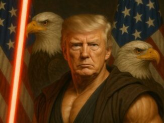 Man with lightsaber and eagles, flags background.