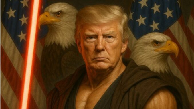 Man with lightsaber and eagles, flags background.
