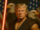 Man with lightsaber and eagles, flags background.