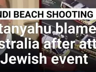 Bondi Beach shooting news headline on screen.