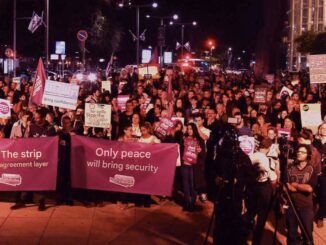 Crowd holding peace and security banners.