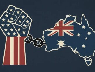 Fist and Australia map linked by chain.
