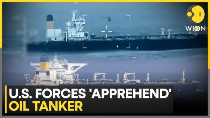 Oil tanker at sea in news report.