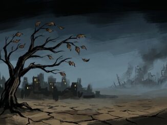 Desolate landscape with tree and ruined city.