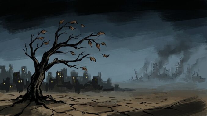 Desolate landscape with tree and ruined city.