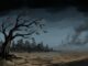 Desolate landscape with tree and ruined city.
