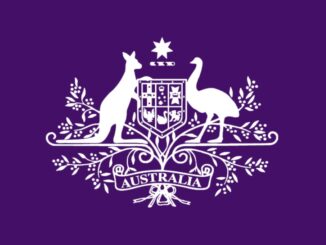 Australian coat of arms on purple background.