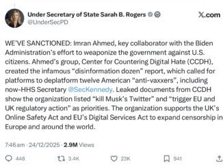 Tweet about sanctions on Imran Ahmed.