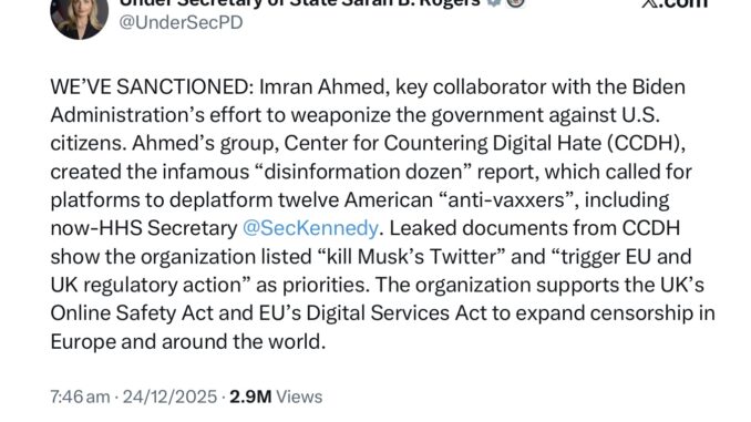 Tweet about sanctions on Imran Ahmed.