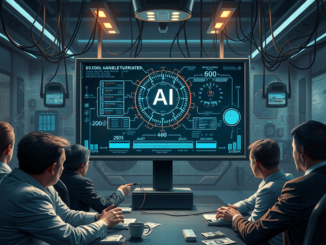 People in meeting room with AI display.