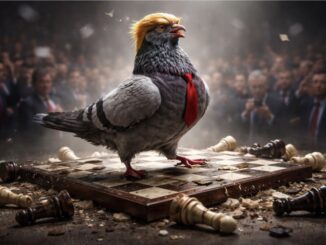 Pigeon wearing wig on chessboard, crowd watching.