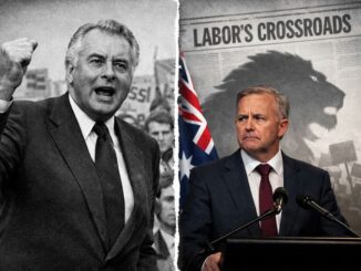 Two men, microphone, newspaper, Australian flag backdrop.