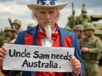 Uncle Sam holding "Uncle Sam needs Australia" sign.