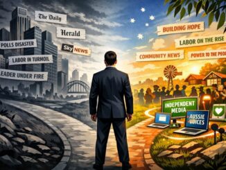 Man choosing between media perspectives, city vs. community.
