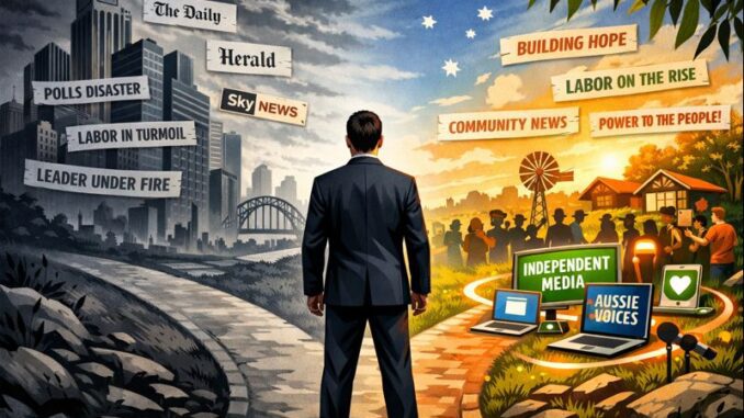 Man choosing between media perspectives, city vs. community. Man choosing between media perspectives, city vs. community.