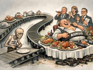 Political cartoon illustrating AUKUS and aged care.