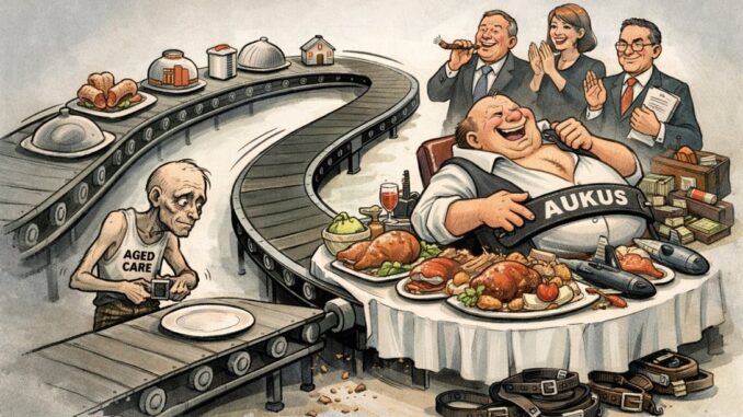 Political cartoon illustrating AUKUS and aged care. Political cartoon illustrating AUKUS and aged care.