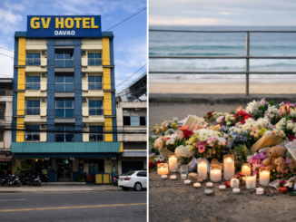 Hotel exterior and beachside memorial with flowers.