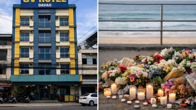 Hotel exterior and beachside memorial with flowers.
