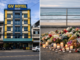 Hotel exterior and beachside memorial with flowers.