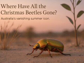 Christmas beetle on sandy ground at sunset.
