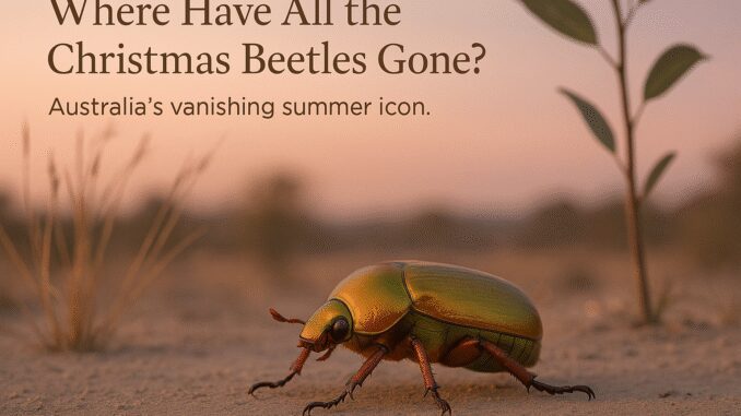 Christmas beetle on sandy ground at sunset.