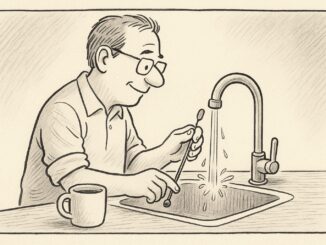 Man washing spoon at a kitchen sink.
