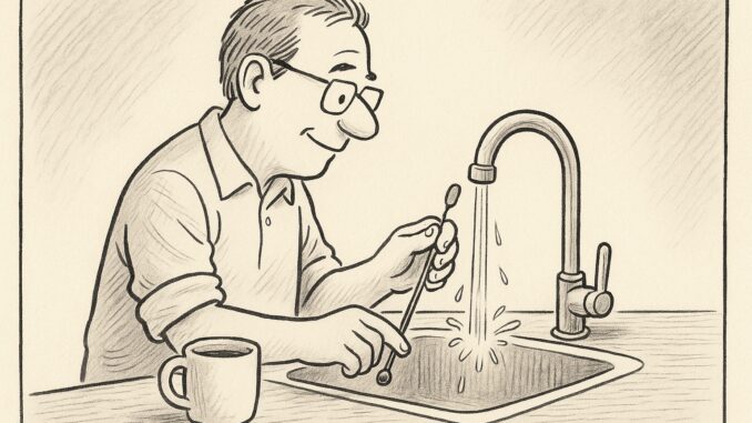 Man washing spoon at a kitchen sink. Man washing spoon at a kitchen sink.
