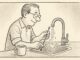 Man washing spoon at a kitchen sink.
