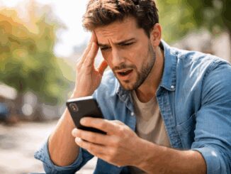 Man looking at phone with concern outside.