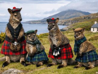 Kangaroos in tartan outfits by scenic landscape.