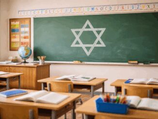 Classroom with Star of David on chalkboard.