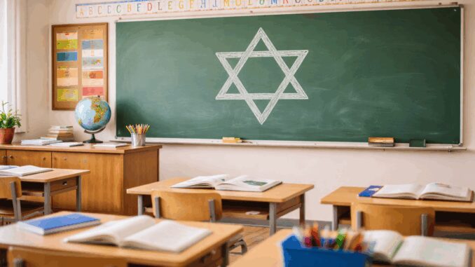 Classroom with Star of David on chalkboard. Classroom with Star of David on chalkboard.