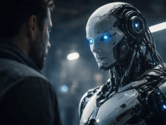 Man facing a humanoid robot with lights.
