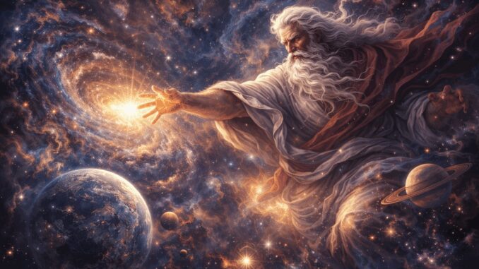 Mythical figure creating the universe in space.