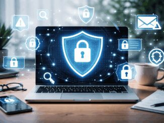 Laptop with digital security icons displayed.