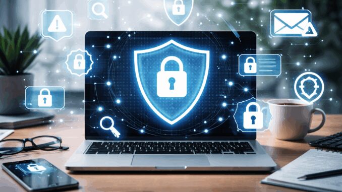 Laptop with digital security icons displayed.