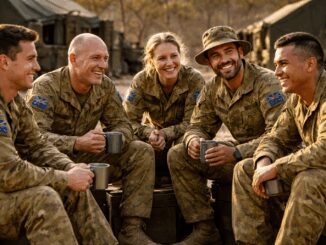 Soldiers sitting outdoors, smiling, holding mugs.