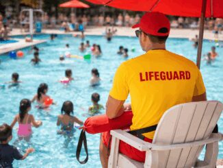 Lifeguard watching over busy swimming pool.