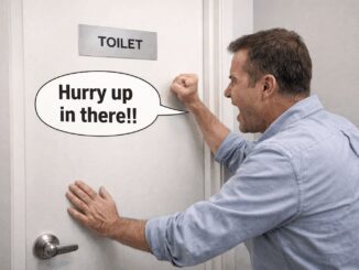 Man impatiently knocking on toilet door.