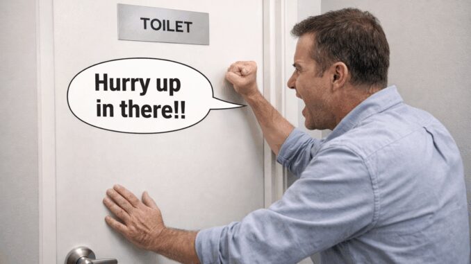 Man impatiently knocking on toilet door. Man impatiently knocking on toilet door.