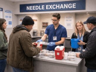 People at a needle exchange service counter.