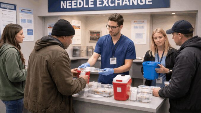 People at a needle exchange service counter. People at a needle exchange service counter.