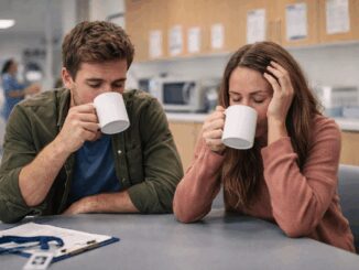 Two people drinking coffee in break room.