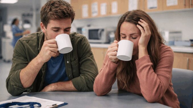 Two people drinking coffee in break room.