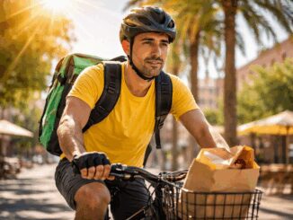 Cyclist delivering food on sunny street.