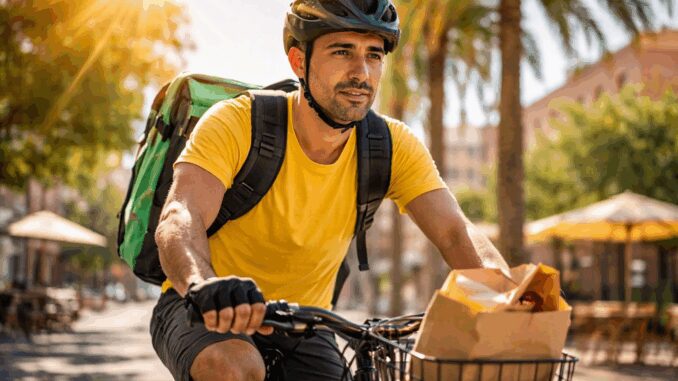 Cyclist delivering food on sunny street. Cyclist delivering food on sunny street.