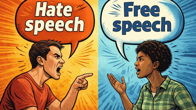 Two people debating hate speech, free speech.
