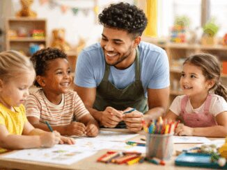 Teacher and children drawing in classroom.